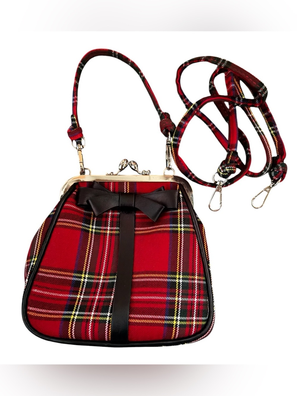 Vintage Style Red Tartan Plaid Kiss Lock Crossbody Bag with Bow Detail
